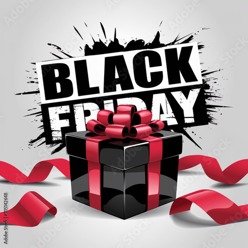 Elegant Black Friday poster with black gift box, red ribbons, and splatter design on a light background