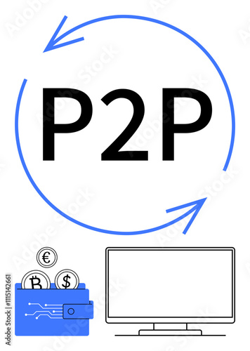 Peer-to-peer exchange emphasized by arrows around P2P text, digital wallet with cryptocurrency symbols, computer screen. Ideal for finance, technology, digital transactions, cryptocurrency, online