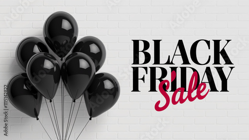 Elegant Black Friday sale banner with black balloons and white brick wall background