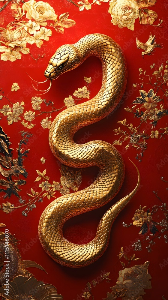 Obraz premium An exquisitely drawn golden snake in traditional Chinese style, coiled on a rich red and gold background, perfect for celebrating the Year of the Snake, cultural events and festive designs.