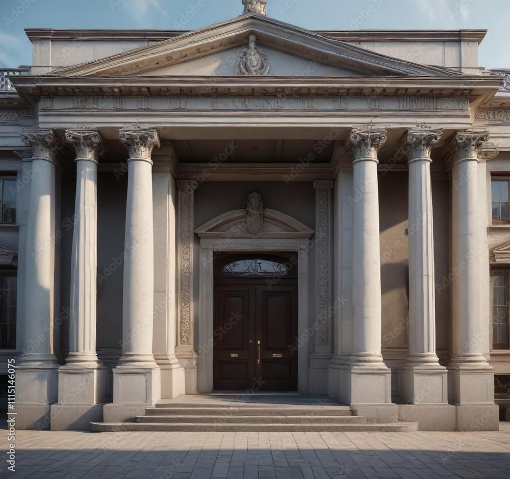 Fototapeta premium Classical-inspired facade featuring a central portico, gabled roof, portico, pediment