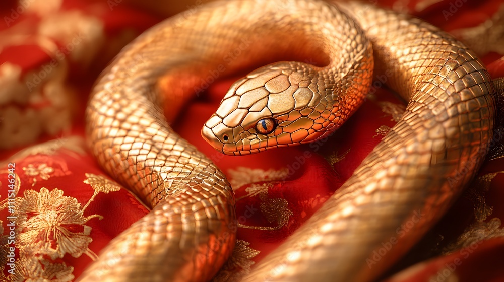 Obraz premium An exquisitely drawn golden snake in traditional Chinese style, coiled on a rich red and gold background, perfect for celebrating the Year of the Snake, cultural events and festive designs.