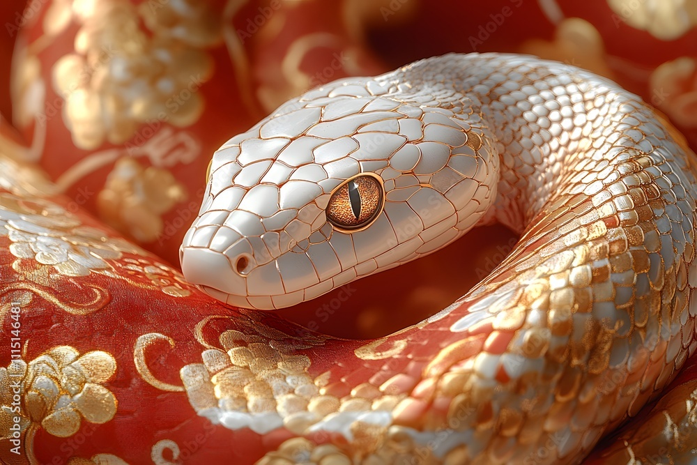 An exquisitely drawn golden snake in traditional Chinese style, coiled on a rich red and gold background, perfect for celebrating the Year of the Snake, cultural events and festive designs. An exquisitely drawn golden snake in traditional Chinese style, coiled on a rich red and gold background, perfect for celebrating the Year of the Snake, cultural events and festive designs.
