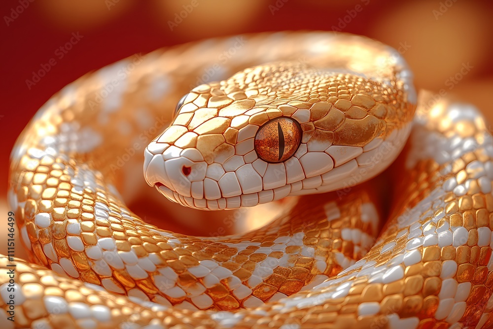Obraz premium An exquisitely drawn golden snake in traditional Chinese style, coiled on a rich red and gold background, perfect for celebrating the Year of the Snake, cultural events and festive designs.