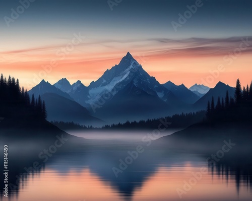 Mountain riverbank at sunrise, mist rising from the water, snowcapped peaks in the background