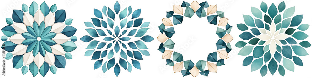 Fototapeta premium Persian pattern and heritage, A series of decorative floral designs featuring layered leaves in shades of blue and green, evoking a natural and elegant aesthetic.