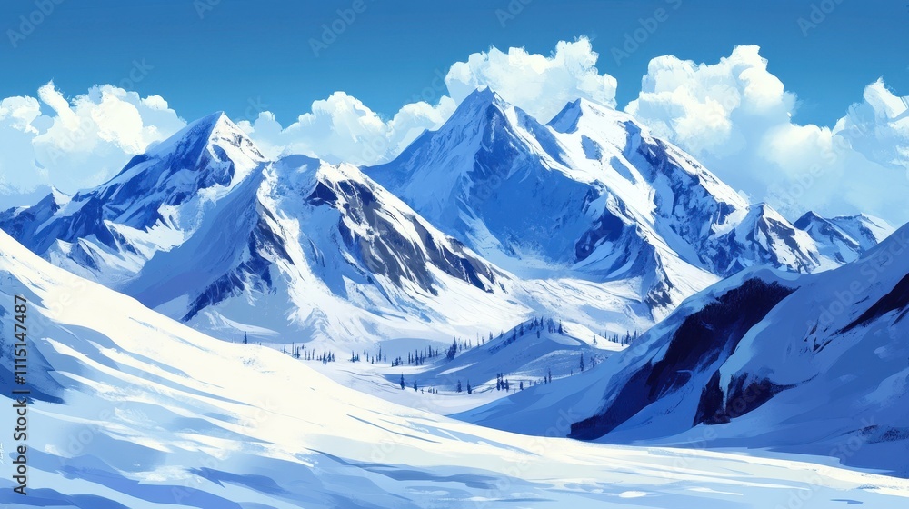Fototapeta premium Majestic snow-capped mountains under a bright blue sky; small cluster of trees visible in valley. Perfect for travel brochures, winter wonderland designs, or illustrating serene landscapes.