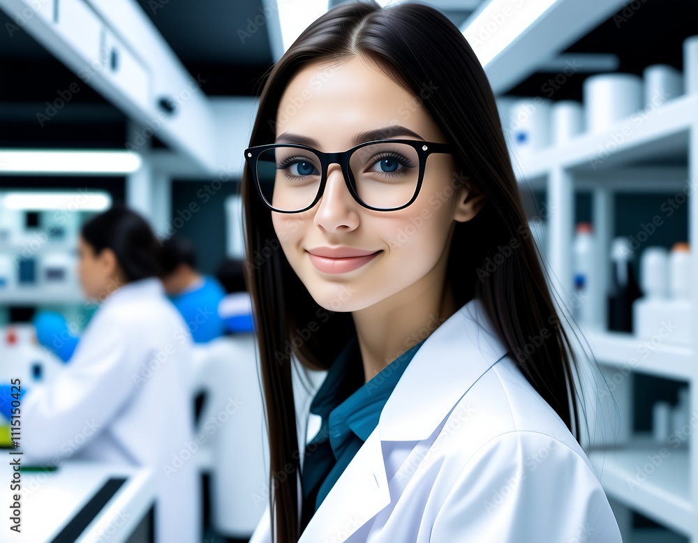 Fototapeta premium Confident Female Scientist in Lab Coat Glasses Research