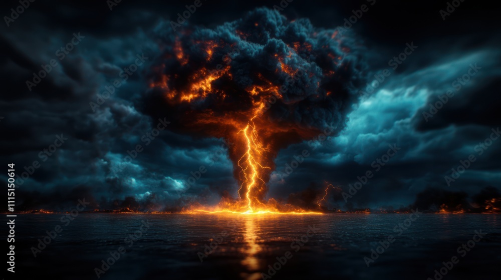 Fototapeta premium Thunderous Skies: Captivating View of Dramatic Storm Cloud and Lightning Strikes