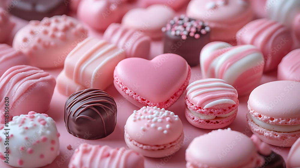 Obraz premium A pastel wonderland of heart-shaped candies, macarons, and chocolates, radiating sweetness and playful charm for Valentine’s celebration