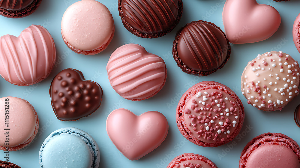 Obraz premium A pastel wonderland of heart-shaped candies, macarons, and chocolates, radiating sweetness and playful charm for Valentine’s celebration