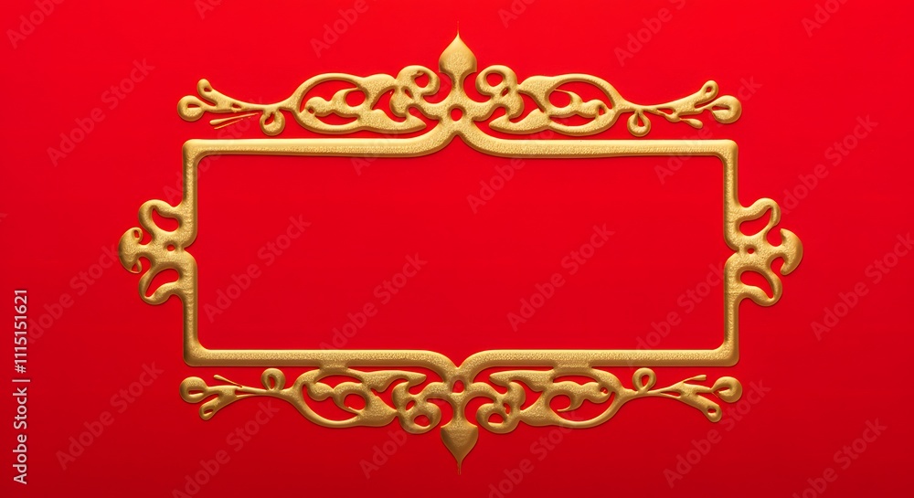 Gold foil concept Christmas or New Year festive frame on the red paper background. Copy space Gold foil concept Christmas or New Year festive frame on the red paper background. Copy space