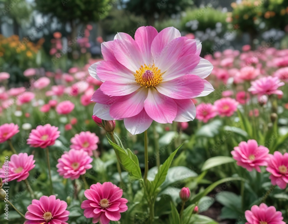 Obraz premium A stunning flower with a long white stem supporting vibrant pink blooms in a garden filled with other flowers , garden scene, flower details