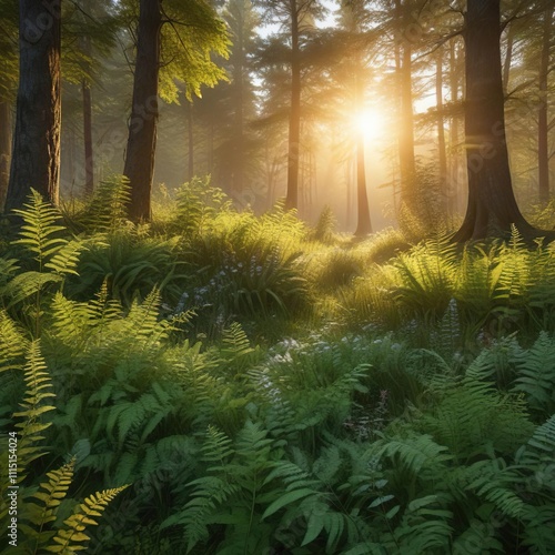 A serene forest glade filled with ferns and wildflowers under the warmth of golden sunlight , serene ambiance, peaceful forest glade, fern-filled meadow photo