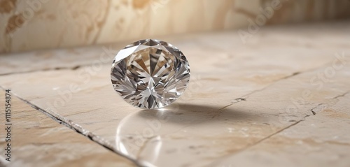 A beautiful colorless round cut diamond is showcased on a beige natural stone tile with subtle inlays , refined, understated