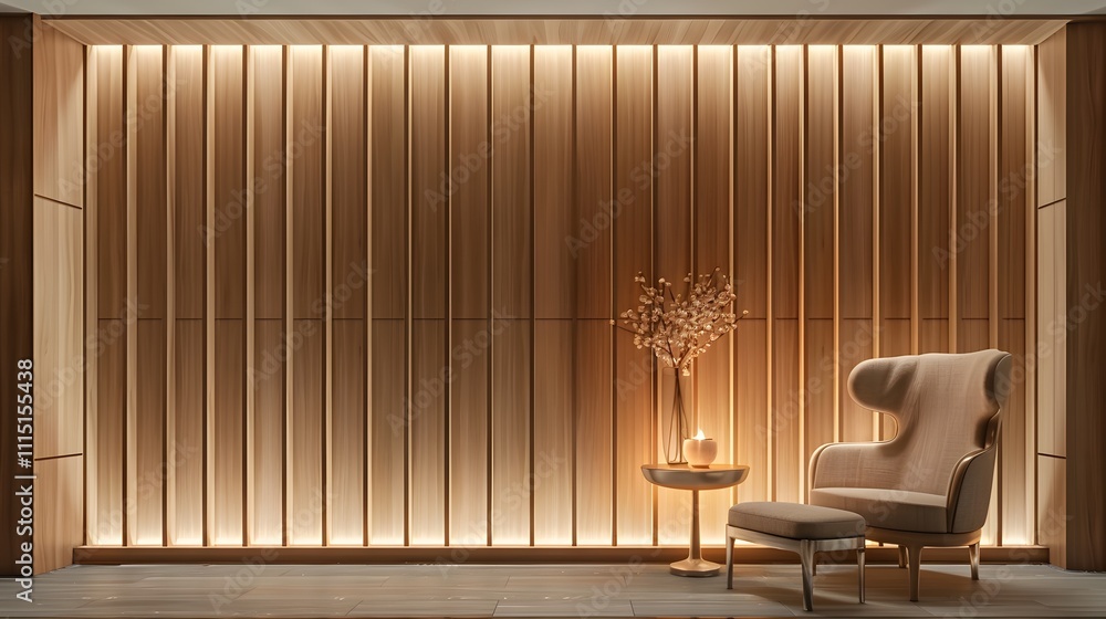 Modern minimalist interior with wooden wall and armchair. Modern minimalist interior with wooden wall and armchair.