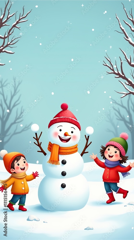 Cheerful Children Playing Around a Snowman in a Winter Wonderland Cheerful Children Playing Around a Snowman in a Winter Wonderland