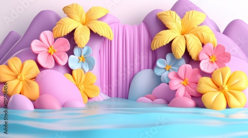 Tropical waterfall displaying colorful flowers artistic setting 3d design vibrant environment close-up view for nature enthusiasts photo