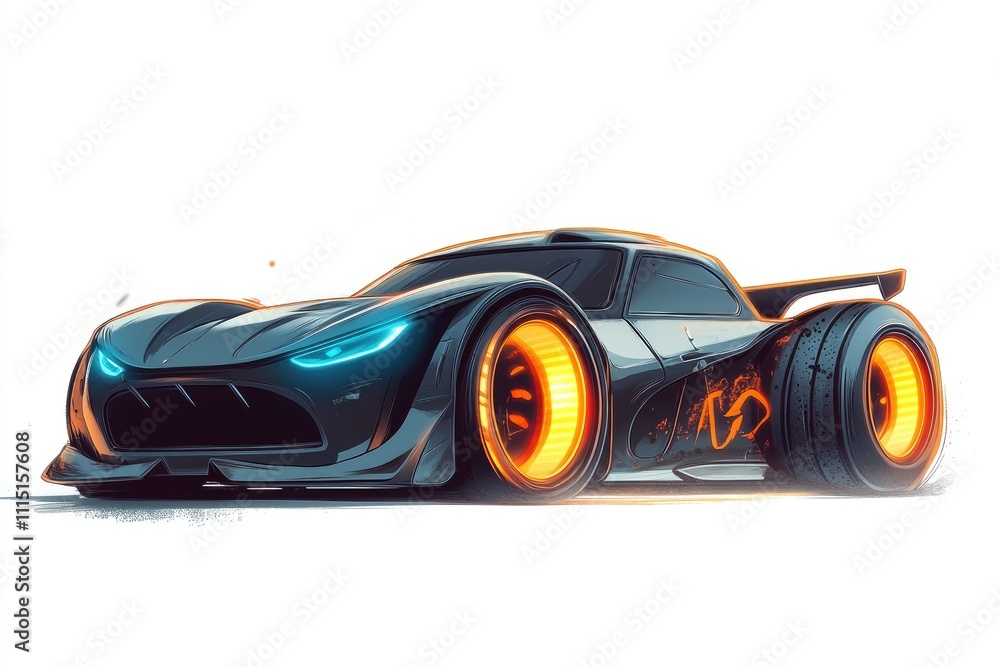 Fototapeta premium Futuristic Race Car Speeds Through Neon Cityscape at Night, Glowing Wheels and Sleek Design