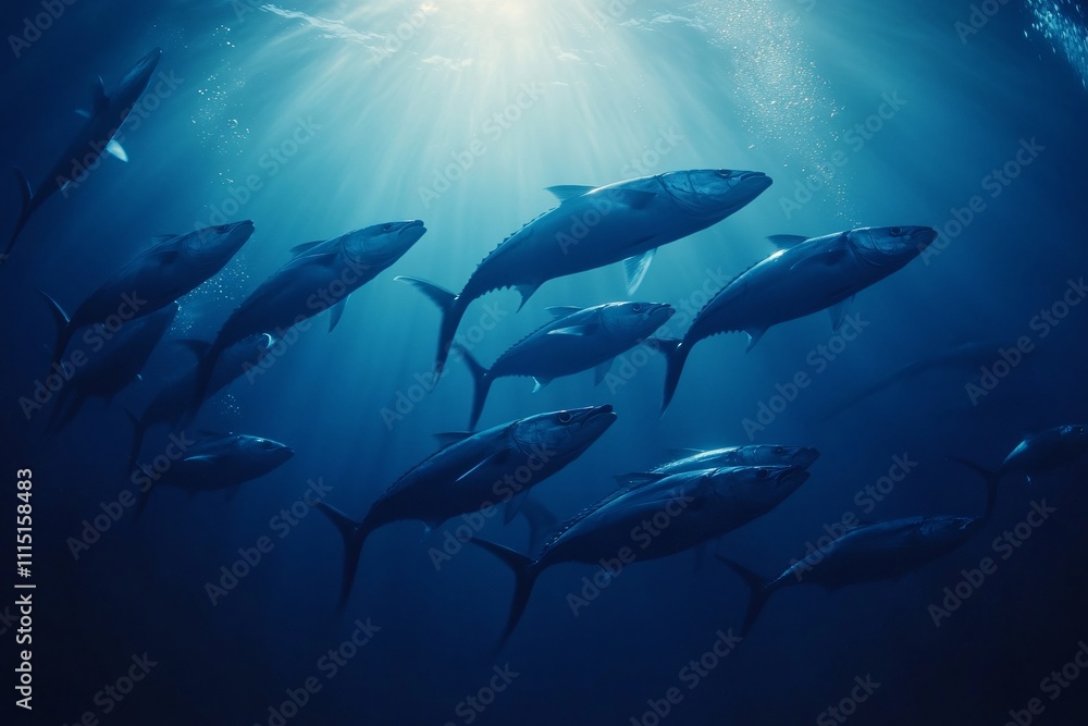 Fototapeta premium A mesmerizing underwater scene with a vibrant school of fish swimming in the deep blue ocean, showcasing marine biodiversity and the beauty of aquatic life.