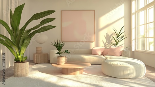 Modern minimalist style  living room design  beige sofa  simple atmosphere  warm and comfortable
