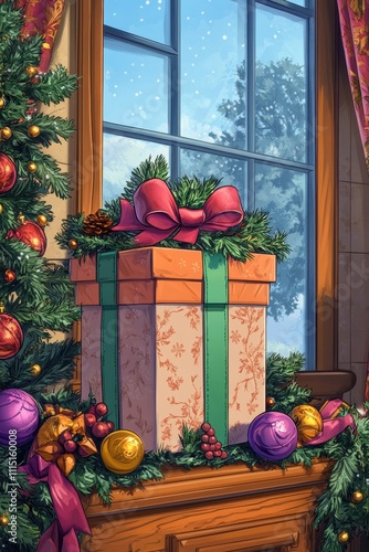 Christmas Gift by the Window - A Cozy Holiday Scene