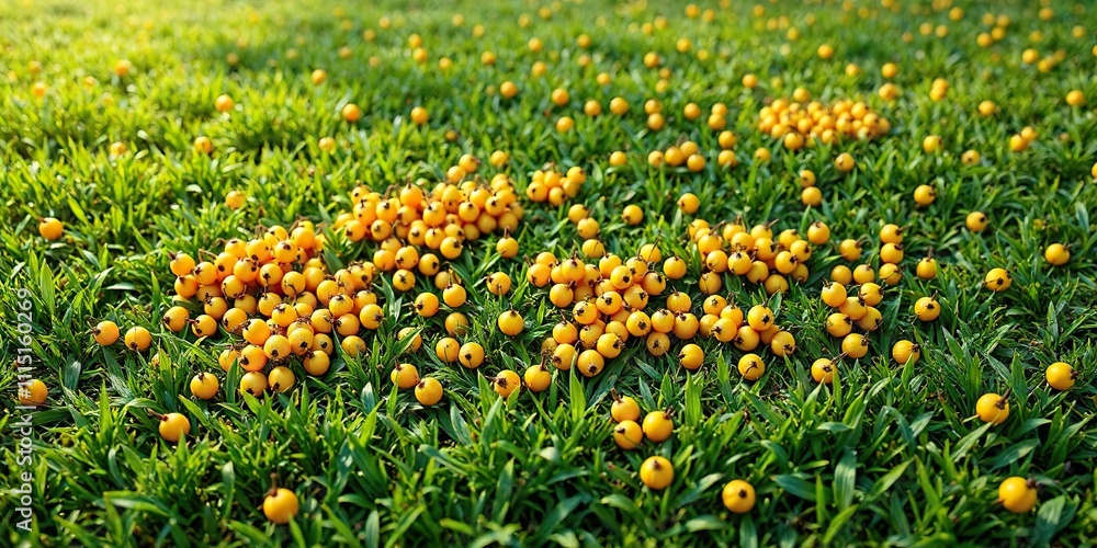 Yellow sea buckthorn berries scattered on a green grass lawn, nature landscape, autumn foliage, wild plants Yellow sea buckthorn berries scattered on a green grass lawn, nature landscape, autumn foliage, wild plants