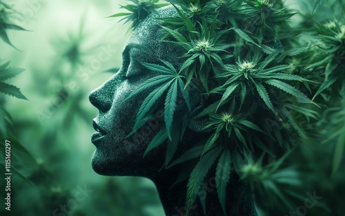 Closeup of a human head with cannabis leaves growing from the brain, representing the cognitive and lung health risks of smoking marijuana recreationally photo