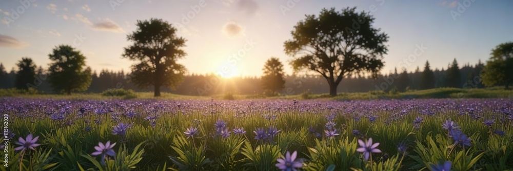 Fototapeta premium A lone asterviolet blooms in the center of an open field against a backdrop of blue sky and green trees at sunrise, flower solo, landscape, sunrise