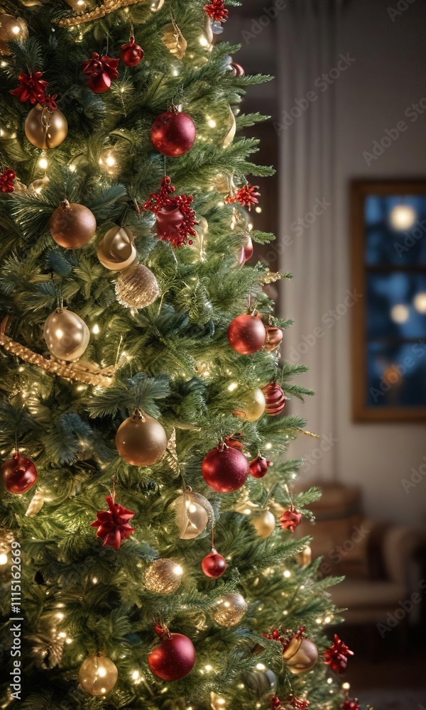 Sparkling tinsel garland draped over the branches of a beautifully decorated Christmas tree, snowy, sparkling, branch Sparkling tinsel garland draped over the branches of a beautifully decorated Christmas tree, snowy, sparkling, branch