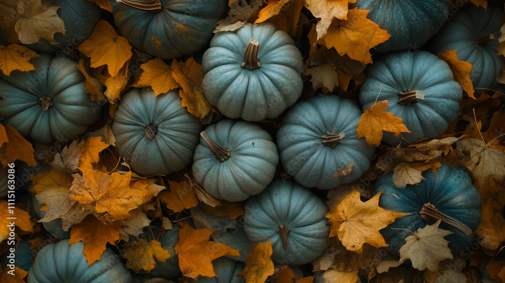 Fototapeta premium Festive autumn arrangement of blue pumpkins surrounded by vibrant orange leaves