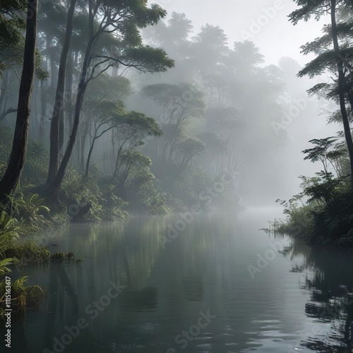 Dense foggy forest on Lagoa Funda deep lagoon's edge, Azores, mist photo