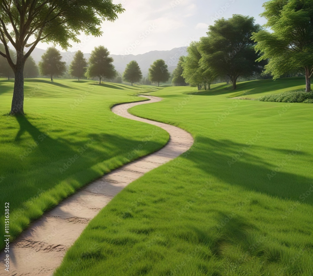 Fototapeta premium Expansive green lawn with a meandering walking path , nature landscape, meandering walking path