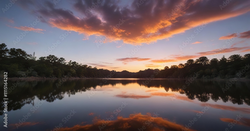 Obraz premium The vibrant colors of the Texas sunsets reflected in the calm waters of Lady Bird Lake, lake, vibrant colors, water