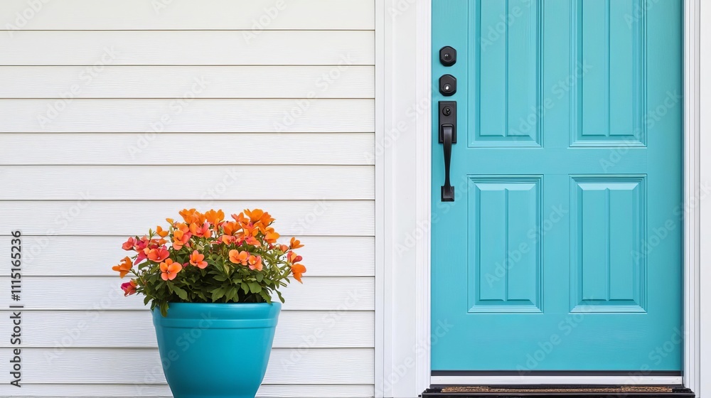 Obraz premium A vibrant turquoise door with a stylish handle stands alongside a pot of bright orange flowers, emphasizing modern home aesthetics and welcoming entrances.