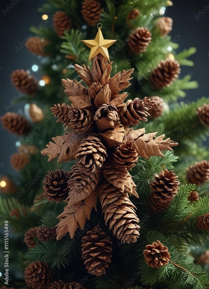 Obraz premium Aromatic pinecones scattered around a star-shaped top on a majestic Christmas tree, pinecones, aromatics, evergreen