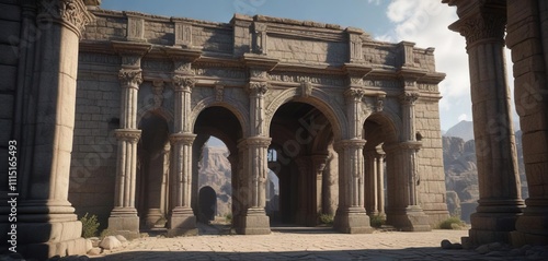 A massive stone building with two columned sides and an ornate archway , decorative, sides photo