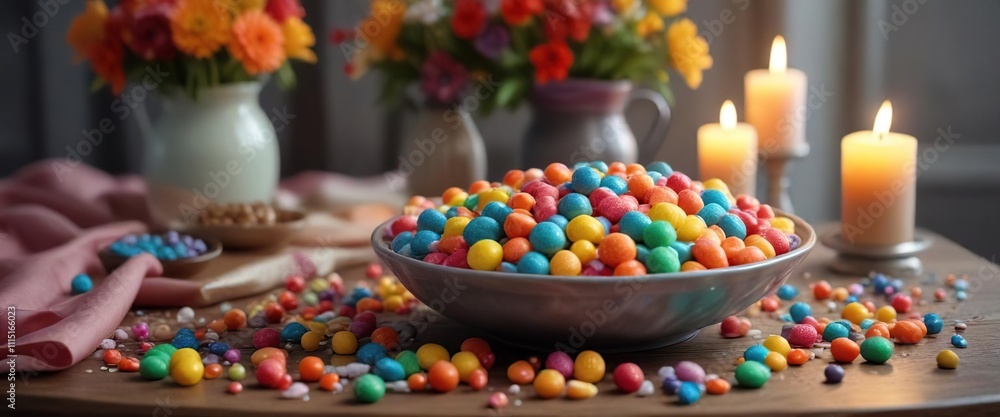 Fototapeta premium A bowl of colorful candy and sweets on a decorated table with candles and flowers, festive desserts, flowers, sweet treats