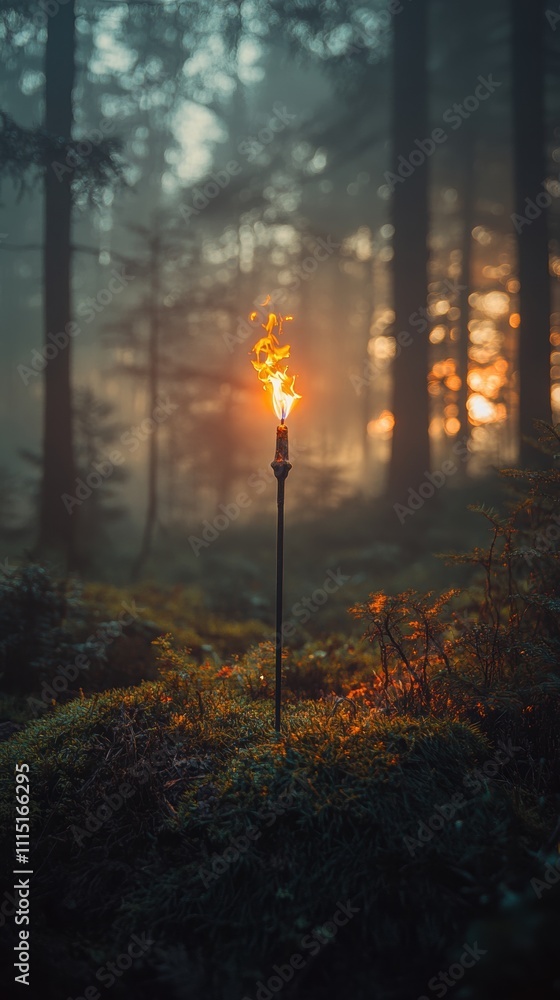 Illuminated torch standing in serene forest at dusk nature photography calm and mystical atmosphere Illuminated torch standing in serene forest at dusk nature photography calm and mystical atmosphere