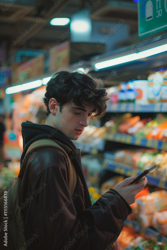 Young adult using smartphone to make choices while shopping in supermarket aisles Young adult using smartphone to make choices while shopping in supermarket aisles