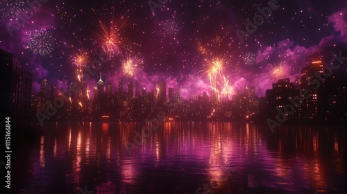 New year fireworks celebration over new york city skyline nighttime spectacular visual display urban reflection