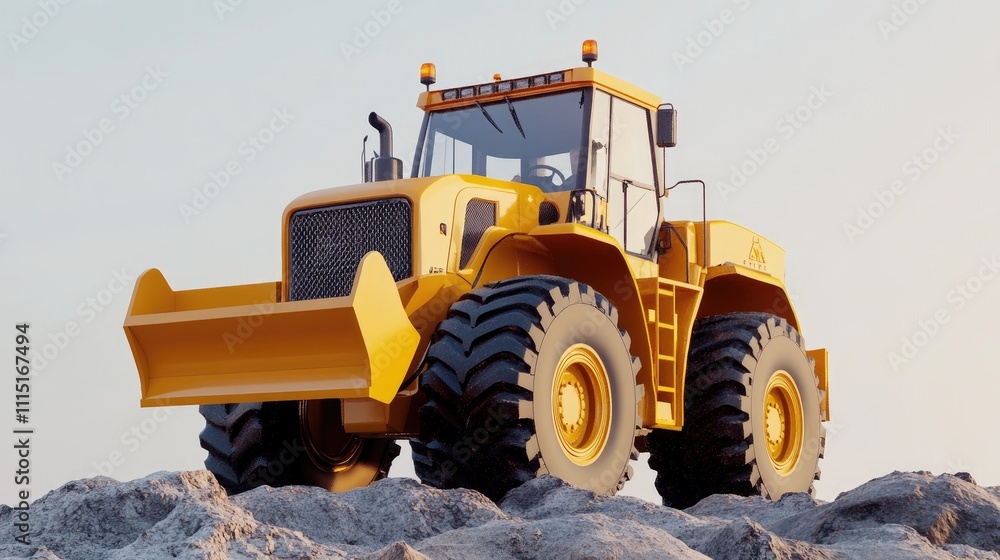 Fototapeta premium Powerful Tractor Moves Rocks Efficiently on Construction Site, Heavy Duty Vehicle Excavates Terrain with Precision.