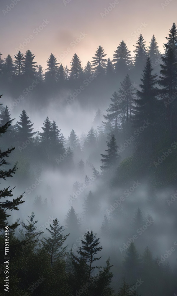 Delicate fog rolling over a calm and still forest at dusk, serene woods, soft focus, gentle colors Delicate fog rolling over a calm and still forest at dusk, serene woods, soft focus, gentle colors