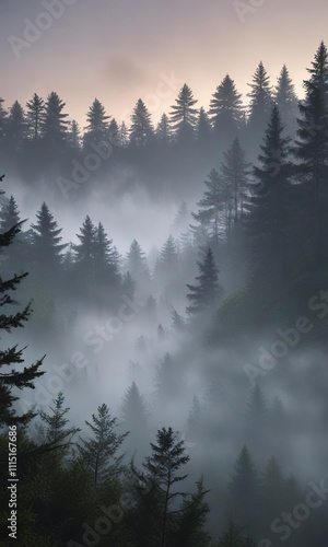 Delicate fog rolling over a calm and still forest at dusk, serene woods, soft focus, gentle colors