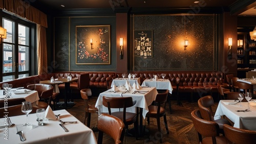 Elegant restaurant interior with booths, tables, and leather chairs. photo