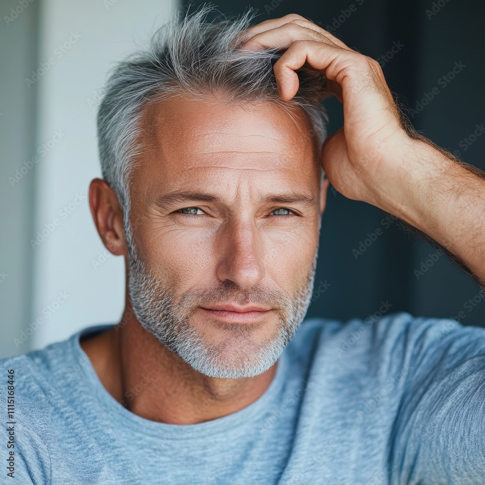 Fototapeta premium Portrait of a mature man touching his hair indoor setting lifestyle photography calm environment close-up view confidence concept