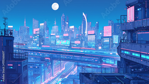 エモーショナルな都会のビル群と夜景イラスト,アニメ,ポップ,ファンシー,アニメ