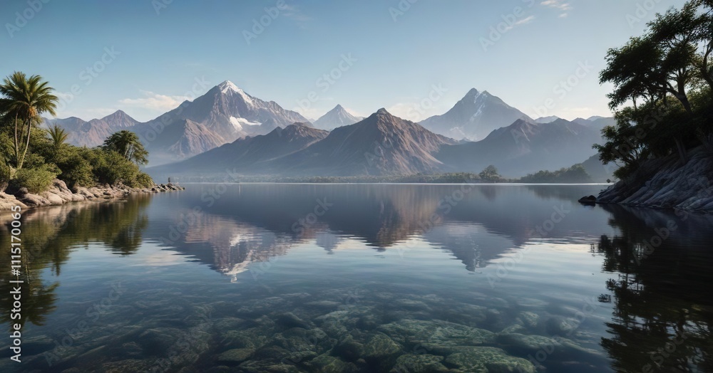 Calm waters of Laguna de Horcones with the Aconcagua peak in the distance, Aconcagua, sky, serene landscape Calm waters of Laguna de Horcones with the Aconcagua peak in the distance, Aconcagua, sky, serene landscape