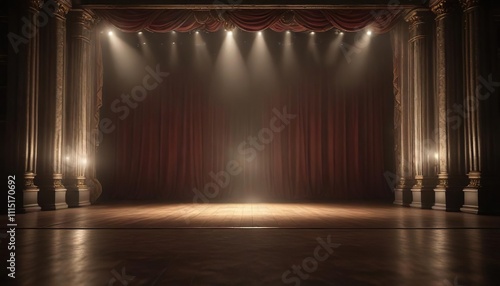 dimly lit opera stage with multiple background spotlights, ambiance, elegant