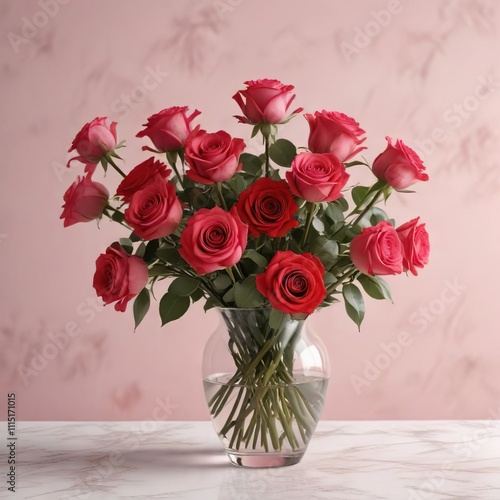 Wallpaper Mural A bouquet of red roses in a vase with a soft pink background , intense, vibrant, passion Torontodigital.ca